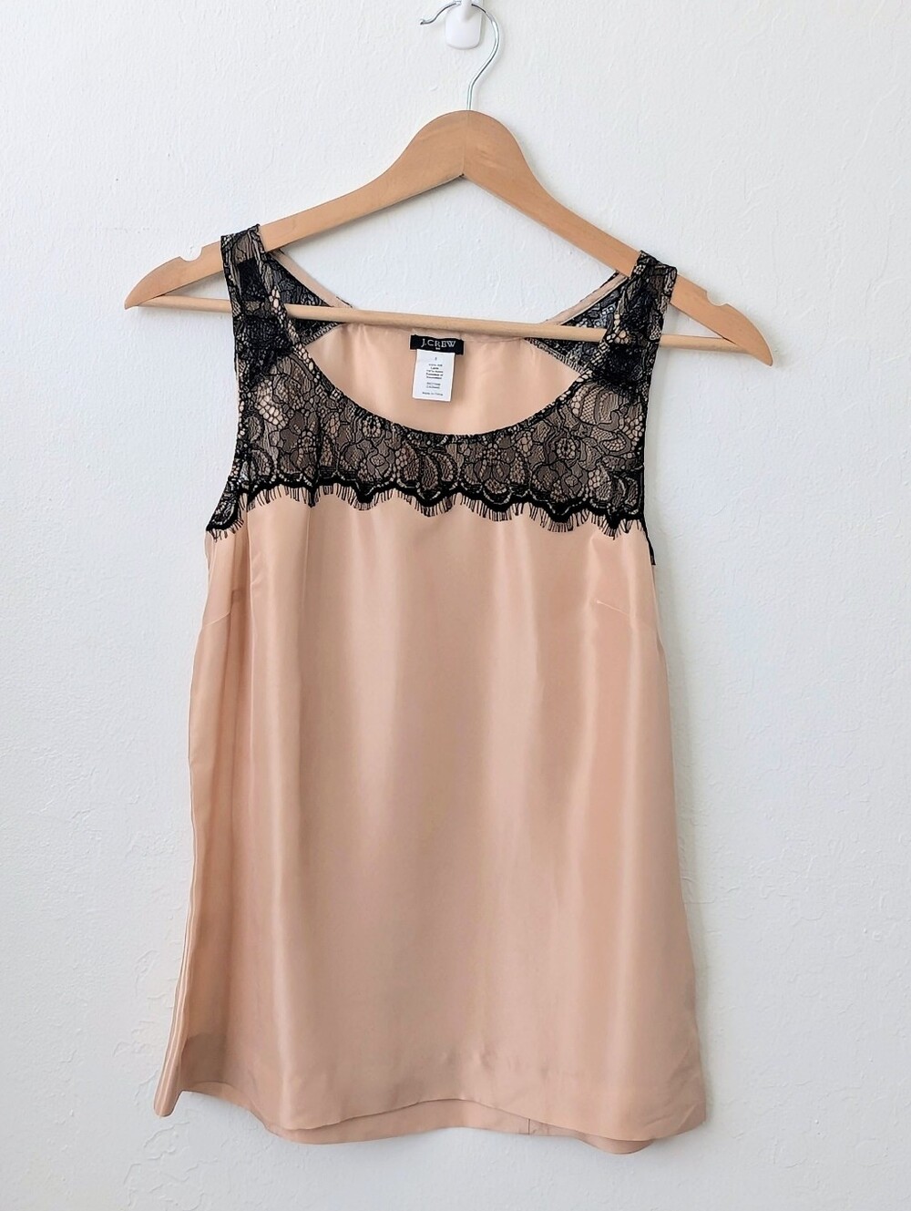 J.Crew Ballet Pink/Nude Silk Tank Cami Blouse with Black Lace Yoke Size 2
